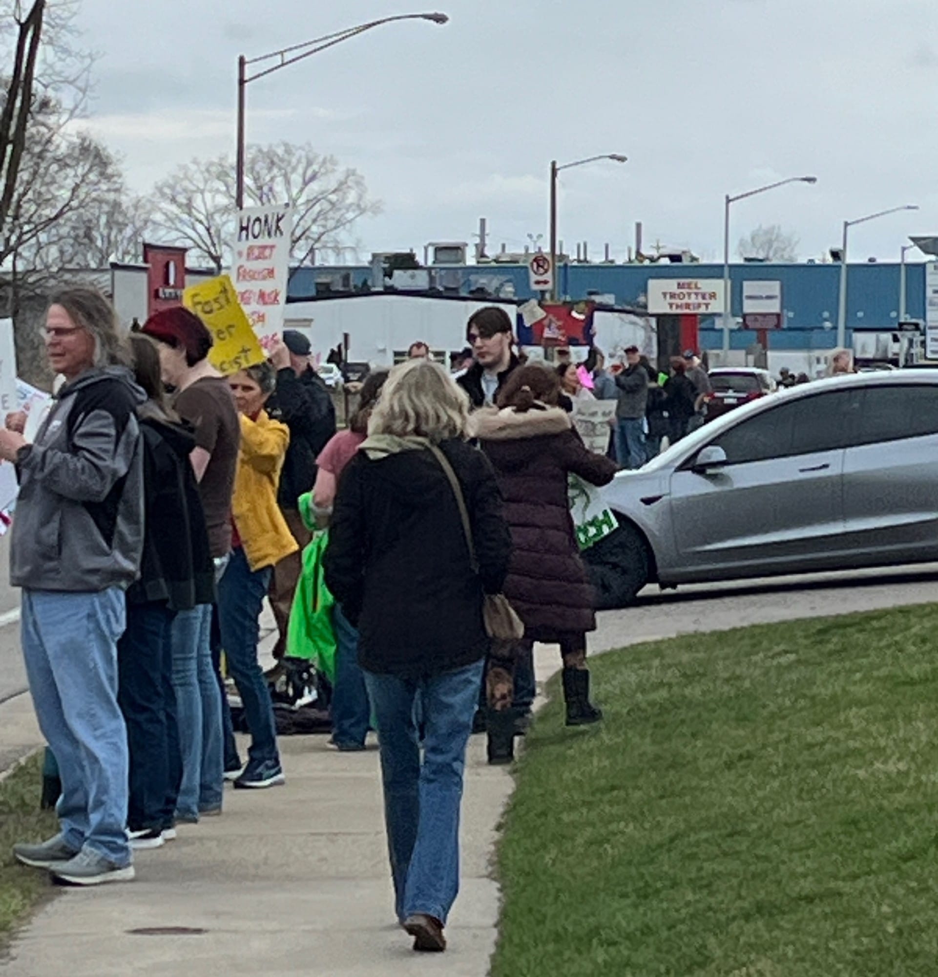 A large group of protesters on the sidewalk in front of the Grand Rapids Tesla dealership