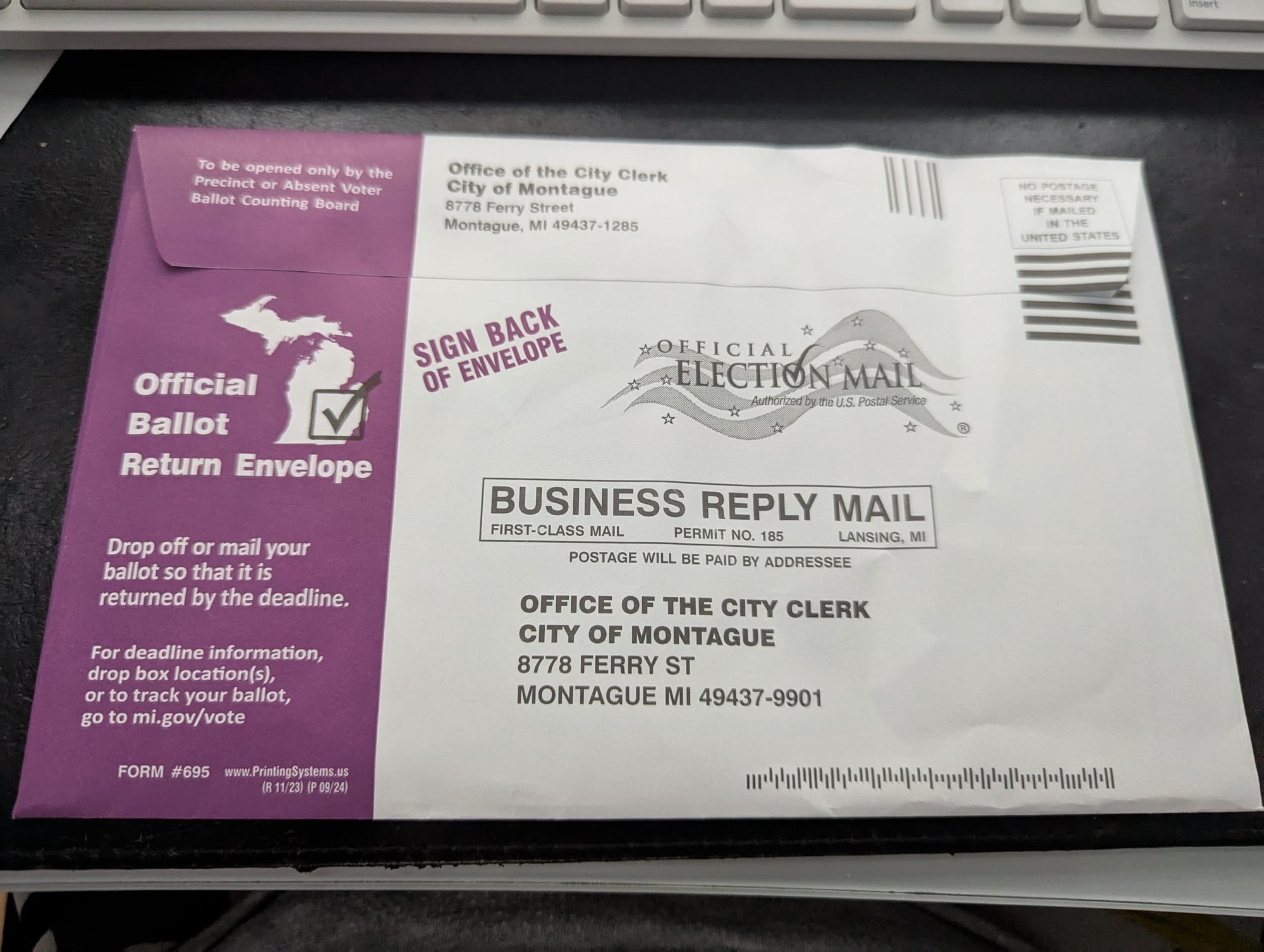 A picture of a sealed ballot return envelope