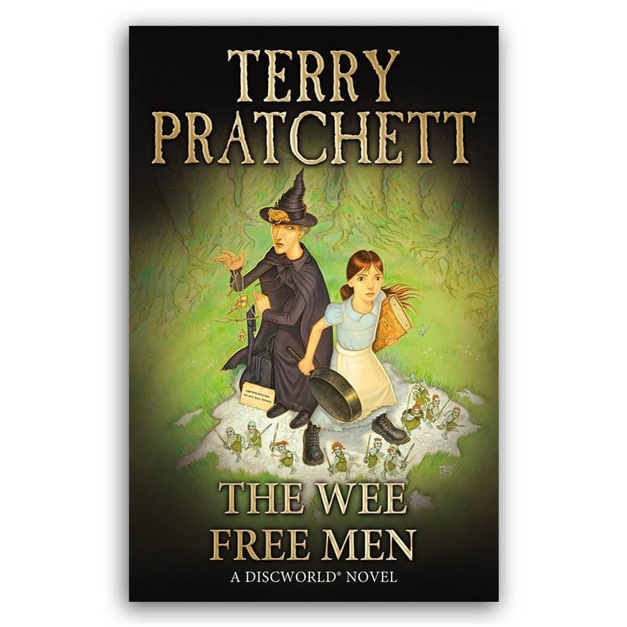 The cover of Terry Pratchett's "The Wee Free Men", featuring an older witch in a black hat and cape, a young girl holding a book and a frying pan, and a small group of tiny blue men in traditional Scottish Highlands attire