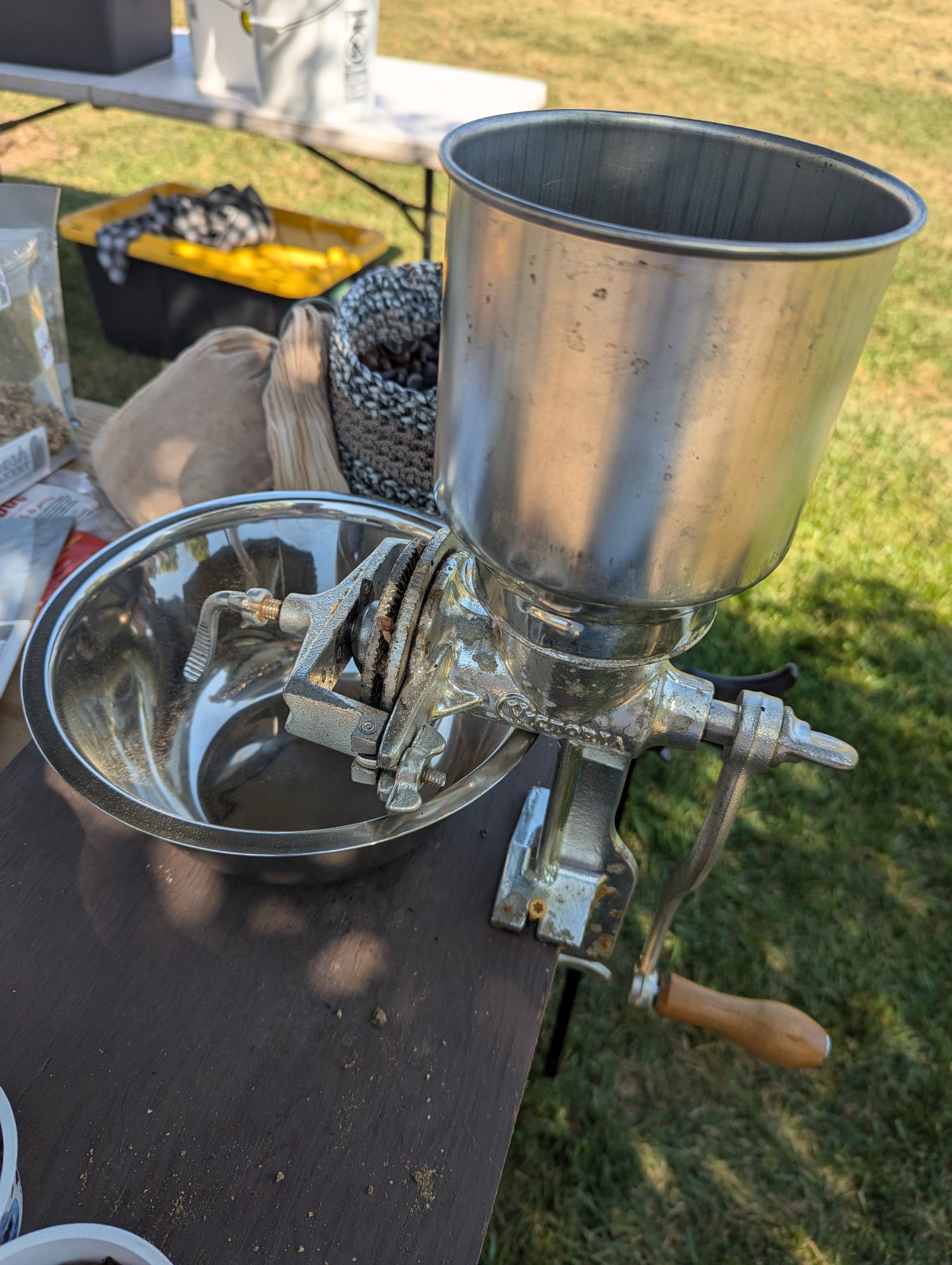 A Victoria-brand hand crank flour mill