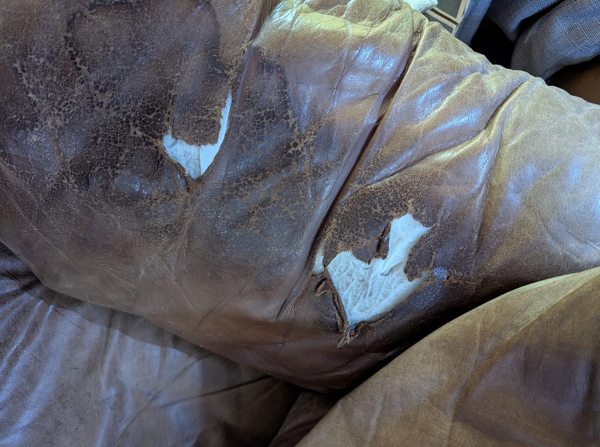 The arm of a heavily worn brown leather couch. The leather has worn through in sever places and the stuffing is poking out